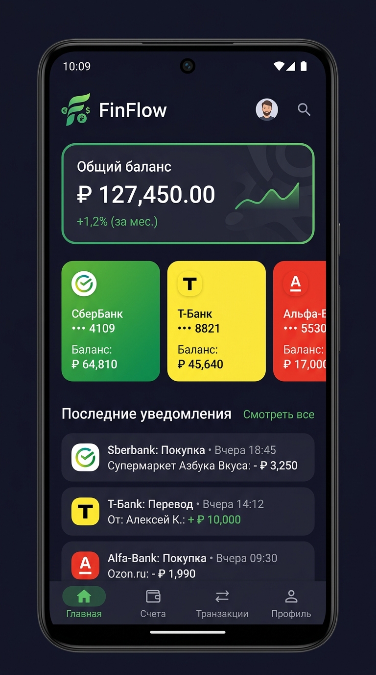 FinFlow — главный экран с балансом и картами банков
